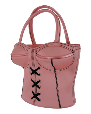 This cute corset purse can be used as a regular handbag or a place to hide your favorite toy! Shaped like a corset with contrasting top-stitching and ribbon detail, this satin zip-closure bag features a black inner lining and a separate zippered interior pocket for organizing smaller items. Give as a gift to a lucky bachelorette or keep it for yourself!

Measurements: 7.5 inches tall (not including handles), 8.75 inches wide
